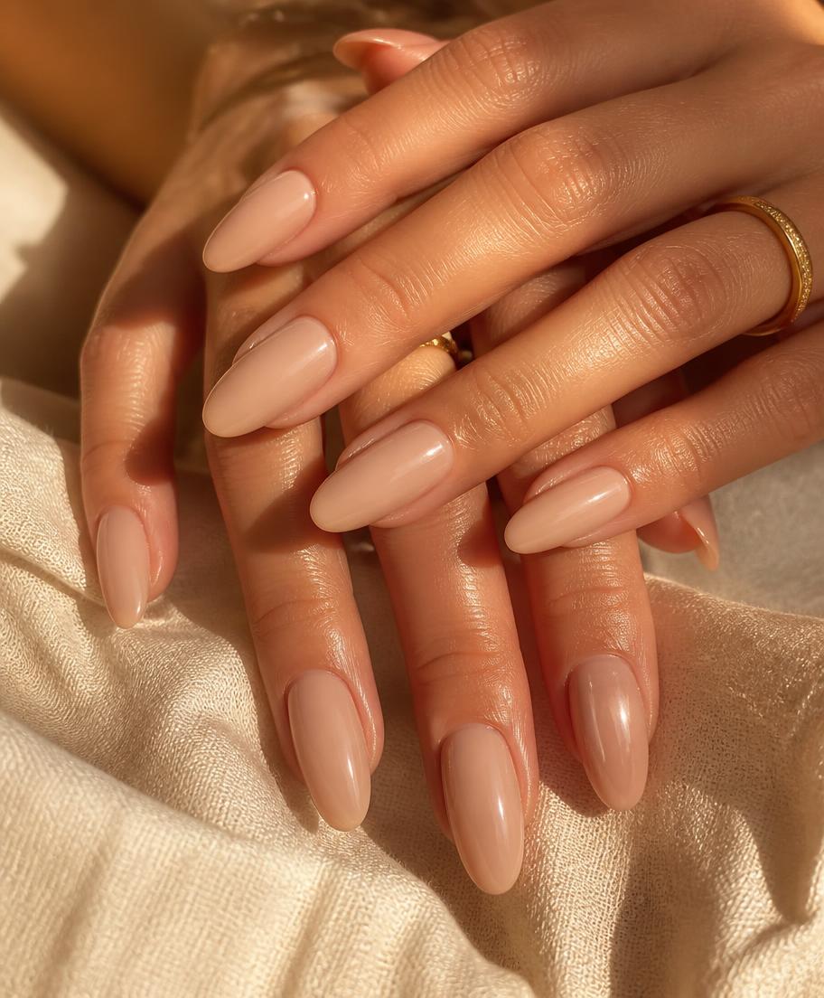 Mains aux ongles en gel nude posés sur du lin crème